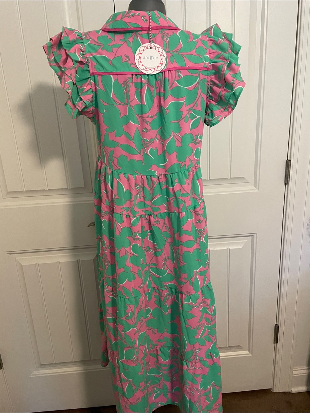 Umgee Pink & Green Floral Ruffle-Sleeve Tiered Dress - Picture 3 of 9